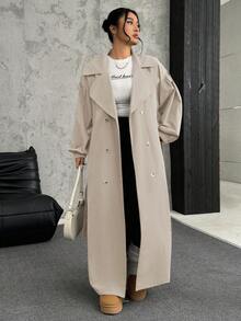 SHEIN EZwear Áo gió dài tay ve kaki cỡ lớn cho nữ, mùa thu - Màu Khaki - Xem 5