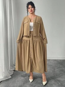 Modelyn Textured Fabric Shirt Collar Button Down Long Sleeve Skirt Elegant Luxurious Socialite Style Plus Size 2 Pieces Set - Khaki - View 5