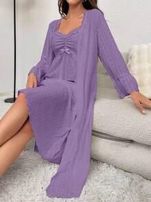 Hollow Out Embroidery Comfortable Pajama Set, Fall Winter Clothes