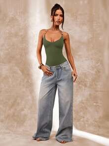 SHEIN BAE Brown Beaded Spaghetti Strap Bodysuit For Women, Summer Tight Sexy Retro Camisole Bodysuit, Beach Vacation Camisole, Beaded Camisole