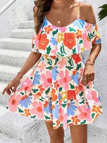 SHEIN Clasi Váy yếm in hoa hở vai giản dị cho kỳ nghỉ - Nhiều màu - Xem 6