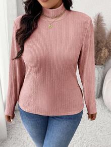 SHEIN Frenchy Áo thun tay dài cổ lọ vải họa tiết cỡ lớn dành cho nữ, đa năng và thanh lịch - Hồng - Xem 6