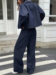 DAZY Bộ áo crop top cổ bẻ và quần jeans ống rộng thoải mái cho nữ - Màu xanh lam - Xem 3