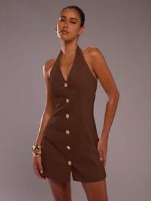 SHEIN BAE 女式性感纯色前扣露背吊带迷你连衣裙，夏季 - 棕色 - 查看 6