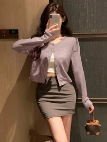 DAZY 女士休闲纯色圆领长袖宽松开襟T恤，秋季服装 - 粉色 - 查看 2