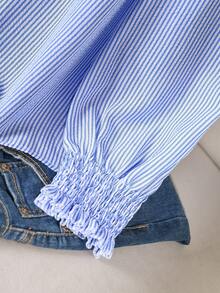 CosyJoli Áo sơ mi sọc dài tay cổ chữ V rộng rãi, tối giản, thoải mái, đa năng, cỡ lớn dành cho nữ, mùa thu/đông - Xanh và trắng - Xem 5