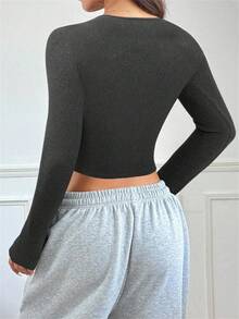 SHEIN EZwear 女式深灰色圆领长袖修身休闲T恤，秋季新品 - 深灰色 - 查看 2