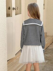 SHEIN Tween Girls Cute Houndstooth Collar Long Sleeve Short Jacket Top & White Mesh Skirt 2 Pieces Set, Comfortable Autumn/Winter Fall - Black - View 2
