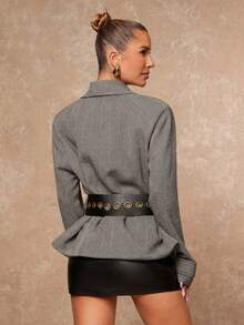 Lumalex Veste surdimensionnée élégante grise d'automne pour femme de bureau avec épaulettes exagérées et ceinture, blazer de coupe régulière de luxe style Old Money pour soirée, bal de promo et dîner - Noir et Blanc - Voir 3