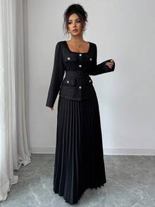 Elenzga 2 件套：优雅方领单排扣长袖上衣和超长褶裙 - 黑色 - 查看 3