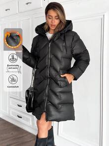 EURMUSE Paltoane de iarnă cu fermoar și buzunar în culori solide pentru femei - Negru - Vizualizare 1