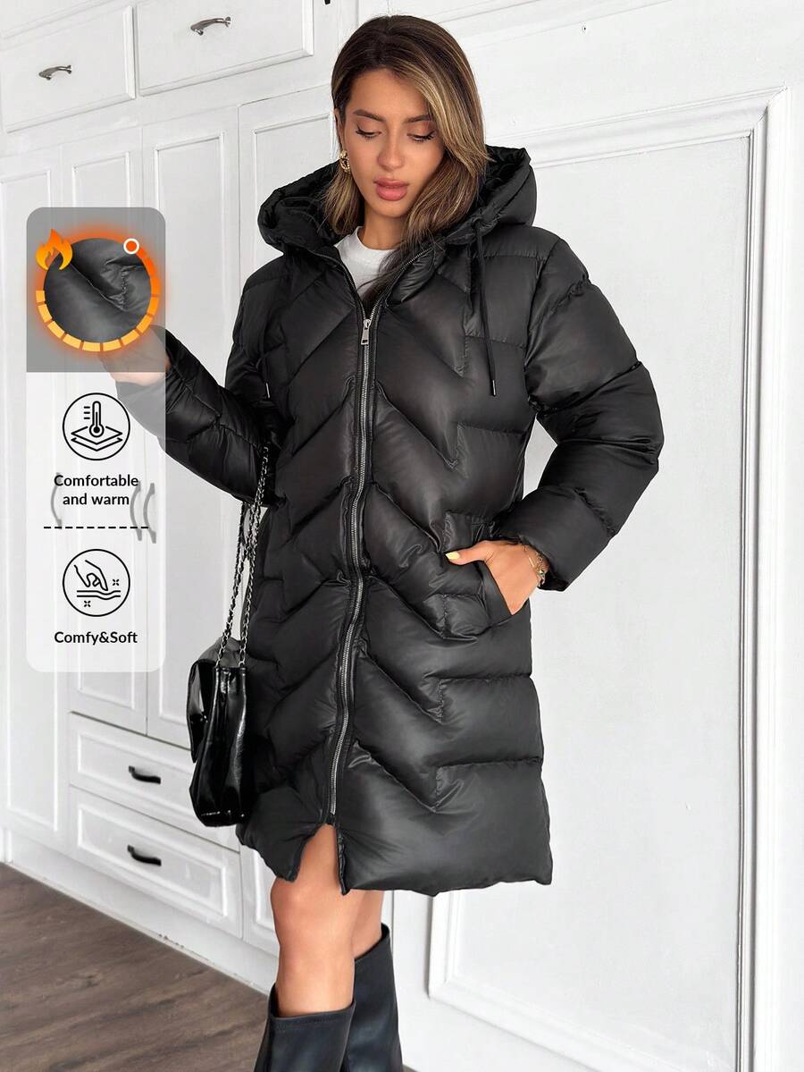 EURMUSE Paltoane de iarnă cu fermoar și buzunar în culori solide pentru femei - Negru - Vizualizare 1