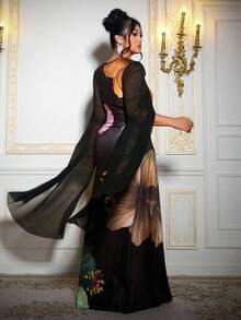 Roveilla Plus Size Floral Plunging Neck Bodycon Elegant Dress, Suitable For Party, Autumn/Winter - Black - View 2