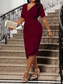 SHEIN Lady 2025 New Spring And Summer Elegant Elegant Retro Work Wedding Reception Valentine's Day New Year's Party Knitted Depp V Neck Rhinestone Ruffle New Arrival Slim Dress Plus Size Dress Formal Prom Dress Plus Size Dress  Burgundy Plus Size Dress Wine Red Dress Halloween Costume New Year Outfit Christmas Clothes