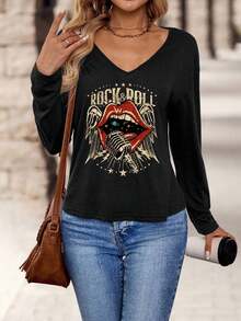 EMERY ROSE Camiseta casual versátil para festival de música de inverno, lábios vermelhos, asas, instrumento, padrão de festival de música country, minimalista, gola V, manga comprida, para mulheres, adequada para outono/inverno - Multicolorido - Ver 2