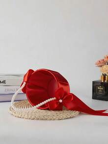 SHEIN 1PC Red Bow Faux Pearl Satin Flower Basket For Wedding Party Decoration New Year Gift Home Decor Bridal Bouquet Centerpiece - Red - View 7