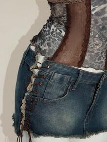 SHEIN ICON 女士性感火辣复古千禧风 Y2K 现代时尚个性前卫波西米亚风黑色佩斯利混色豹纹拼接网纱蕾丝撞色异域风情缎带V领修身上衣 - 彩色 - 查看 10