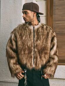 AXEPEAK 男士休闲拉链圆领仿皮草夹克，秋冬 - 咖啡棕 - 查看 4