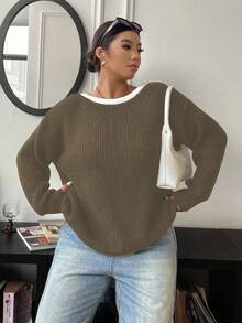 Elenzga Suéter informal de cuello redondo con lazo para mujer de talla grande, otoño/invierno