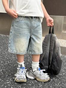 SHEIN 婴儿/男婴都市街头酷炫风格韩版时尚石洗复古猫须宽松百慕大蓝色牛仔长短裤，百搭休闲婴儿秋季服装，男童街头装，男童返校服 - 淺色水洗藍 - 查看 4