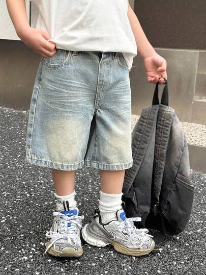 SHEIN 男宝宝都市街头酷炫风韩版时尚水洗复古猫须宽松百慕大蓝牛仔长款短裤，百搭休闲，适合宝宝秋季穿着，男童街头服饰，返校季必备