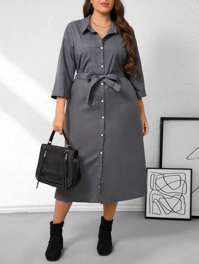 SHEIN Plus Size Women's Autumn Simple Solid Color Button Front Shirt Dress