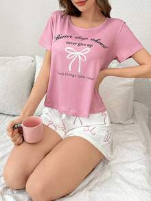 Bow & Letter Print Short Sleeve Shorts Pajama Set - Multicolor - View 5