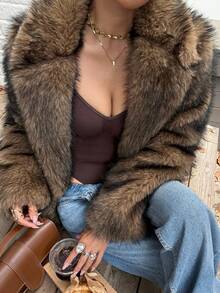 DAZY Women's Faux Fur Collar Long Sleeve Jacket, Autumn/Winter Women Coats - Coffee Brown - View 4