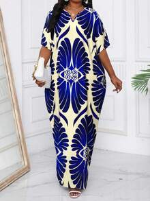 SHEIN Lady CURVE Plus Size Elegant Floral Full Print Batwing Sleeve Dress,Beach Dress Sundress,Holiday Outfits Boho Long Dress Vacation Printed Waist Lantern Sleeve Blue Dress Flowy Dress - Multicolor - View 4