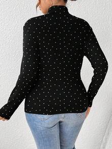SHEIN Frenchy 大码女式休闲简约全宽白色波尔卡圆点印花图案高领长袖 T 恤女式黑色 T 恤长袖上衣女式长袖上衣波尔卡圆点上衣 - 彩色 - 查看 2