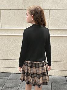 SHEIN 青少年女孩黑色罗纹针织长袖短款 T 恤和卡其色格子百褶裙两件套服装，休闲优雅风格，返校季 - 黑色 - 查看 7