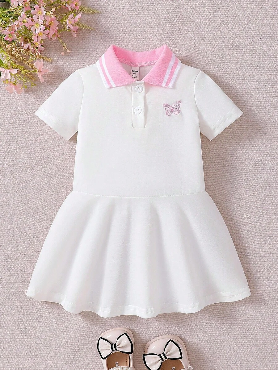 SHEIN 女婴休闲蝴蝶结刺绣马球领连衣裙,夏季 - 白色 - 查看 1