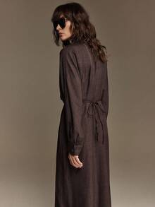 Ontre 2026SS Women's Elegant Minimalist Design Party Waist Pleated Long Sleeve Dark Coffee Chic Urban Casual Versatile Valentine's Day Dress, Loose Fit, Lapel Collar, Waist Cinched, Pleated, Casual Commuter Korean Style, Bat Wing Long Sleeve Single-Breasted Shirt Dress - Coffee - View 5