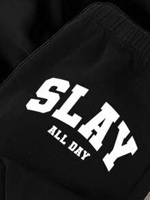 2 件套青少年女孩黑色连帽运动衫，印有“Slay”标语，百搭百搭，适合居家、街头、日常穿着和户外穿着 - 彩色 - 查看 4