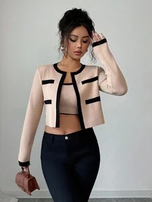 Elenzga 2pcs Contrast Color Knit Cardigan & Vest Set For Women - Khaki - View 6