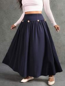 Elaquor Falda elegante y de moda con cintura alta, decoración de sol de metal y pliegues para mujer de talla grande - Azul - Ver 1