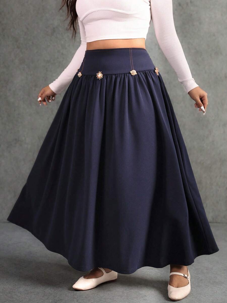 Elaquor Falda elegante y de moda con cintura alta, decoración de sol de metal y pliegues para mujer de talla grande - Azul - Ver 1