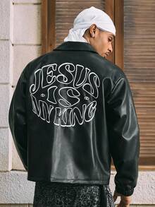 AXEPEAK Men's Casual Loose Fit Streetwear Leather Jacket With Backside Letter Graphic, Fall Winter - Black - View 2