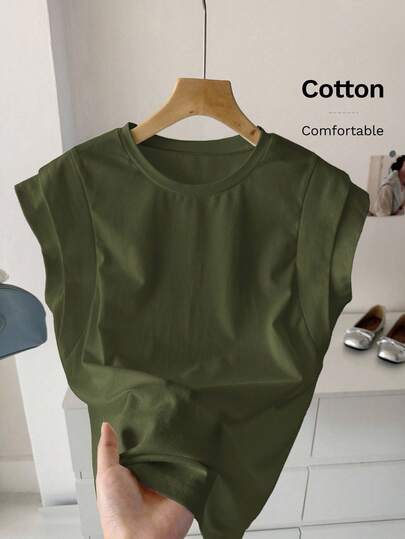 SHEIN LUNE Camiseta de mujer de cuello redondo de unicolor, casual y versátil, para el verano