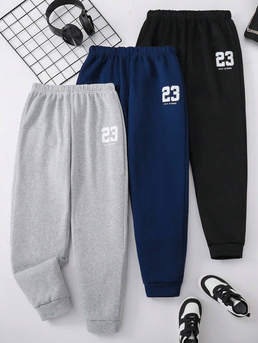 3pcs/Set Celana Jogging Longgar Bermotif Kasual dengan Tali Serut untuk Remaja Laki-laki, Cocok untuk Olahraga Sehari-hari dan Aktivitas Luar Ruangan di Musim Gugur dan Musim Dingin - MultiWarna - View 1