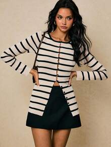 Poéselle 女士休闲通勤条纹前扣开衫 - 彩色 - 查看 2