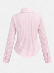 Teen Girls Blouses - Pink, Fitted, Curved Hem, Textured Shirt, Striped Shirt, Collegiate Shirt, Pink Shirt, Versatile All-Match Shirt, Teenage Girl Shirt Fall Winter