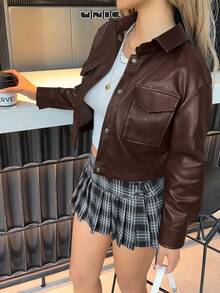 SHEIN EZwear 女式咖啡棕色长袖单排扣实用口袋休闲夹克，秋冬