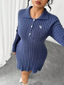 Elenzga 大码女式纯色针织 Polo 领扭纹腰修身刺绣长袖学院风简约优雅毛衣裙，秋冬 - 藏蓝色 - 查看 6