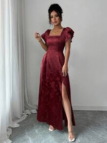 Elenzga 女式方领荷叶边袖收腰连衣裙，下摆开衩，绿色提花面料，通勤、日常、伴娘、舞会、毕业典礼等场合皆宜，舒适时尚，魅力十足 - 酒紅色 - 查看 4