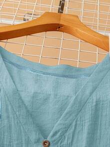 Linhara 大码女式休闲度假风格纯色 V 领灯笼袖纽扣装饰宽松衬衫，春夏 - 霧霾藍 - 查看 4