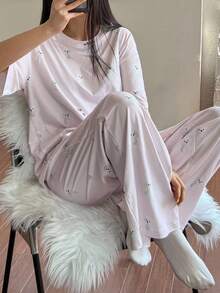 DAZY 可爱狗狗图案全身印花宽松 T 恤和直筒睡裤 2 件套女士睡衣套装 - 白色 - 查看 5