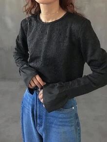 FRIFUL 女士圆领蕾丝拼接宽松喇叭袖透明纯色 T 恤上衣，适合外出，秋季 - 黑色 - 查看 4