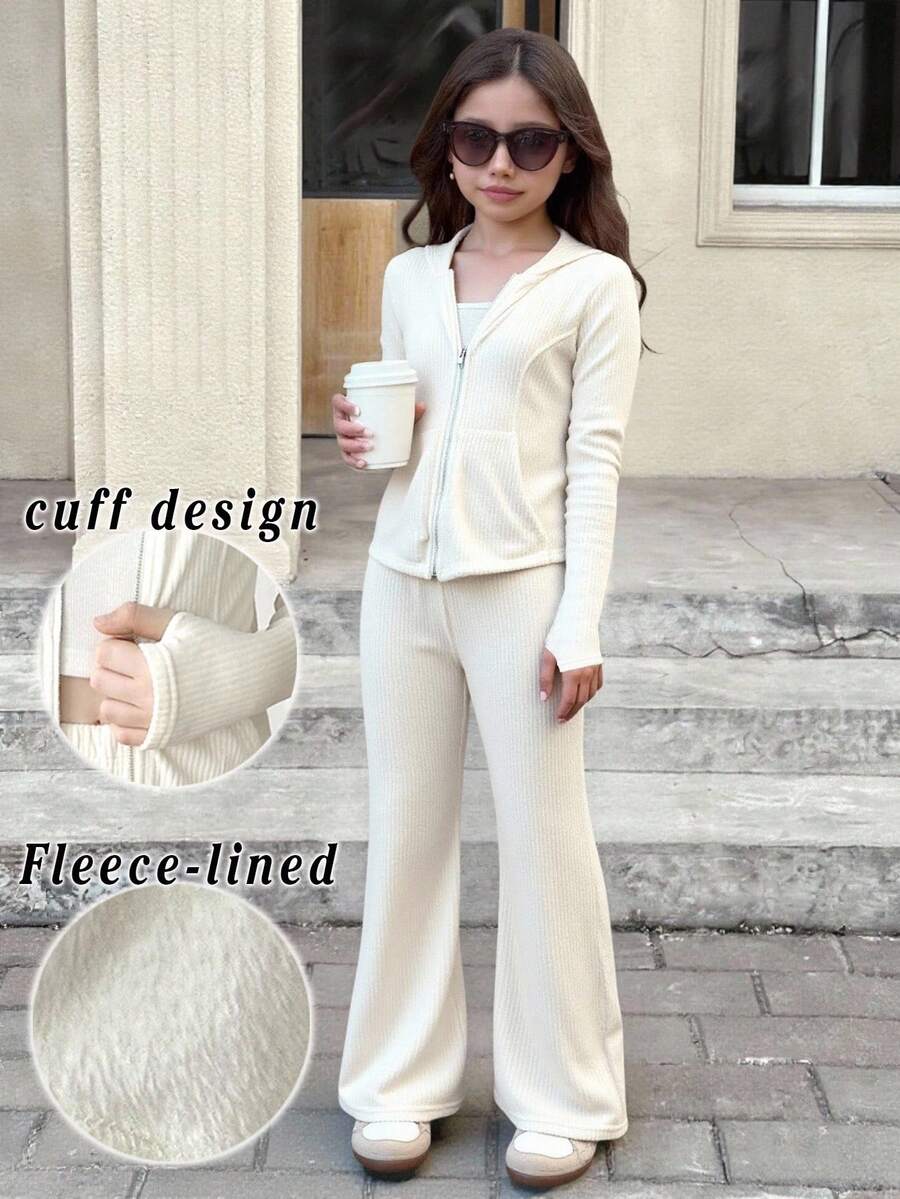 Serisse Kids Tween Girls Casual Minimalist Daily Outgoing Knitted Flannel Ribbed Hooded Zip-Up Pocket Fitted Long Sleeve Cardigan And Flared Pants Set, Autumn/Winter Fall,Suitable For Winter, Casual, Preppy, Cute & Casual & Vintage, Great For Autumn/Winter Casual, Daily Wear, School