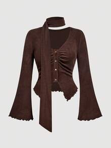 SHEIN MOD Plus Size Women's Retro Brown Chinese Style Flare Sleeve Tie Collar T-Shirt. Christmas